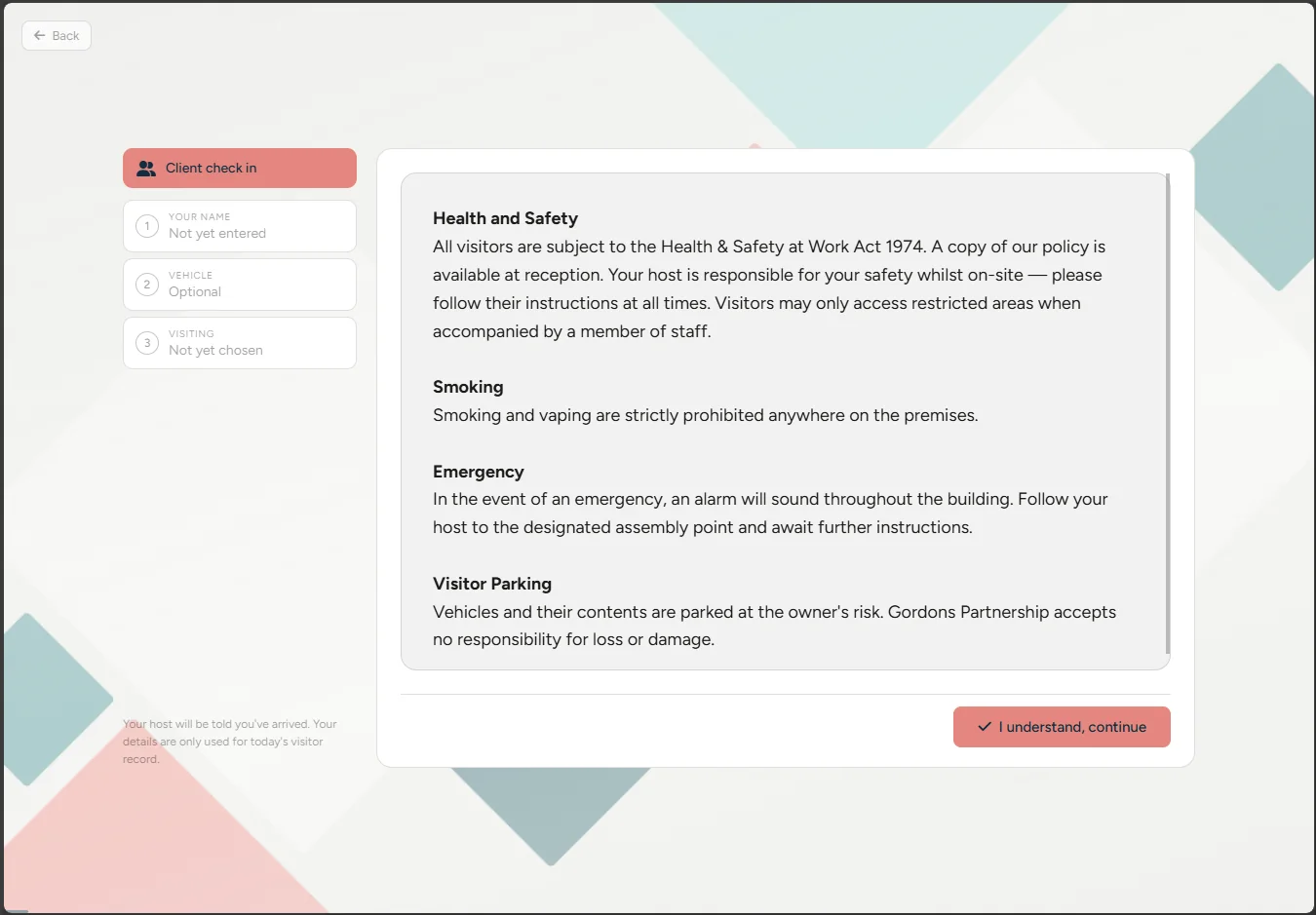 The client check-in screen, with the site rules to read and agree before signing in