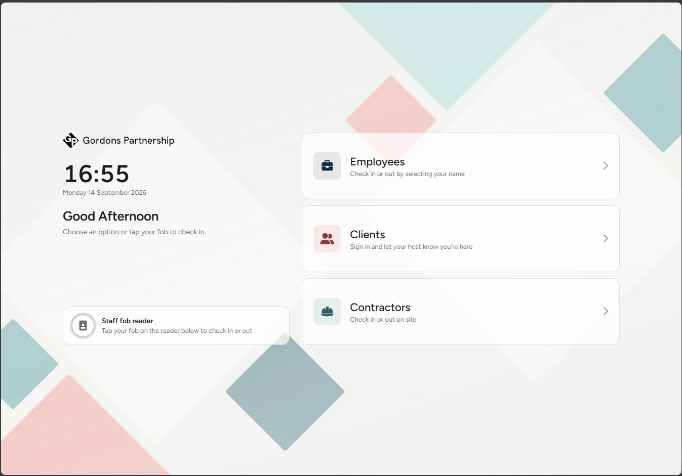 The check-in terminal's opening screen, offering employees, clients and contractors