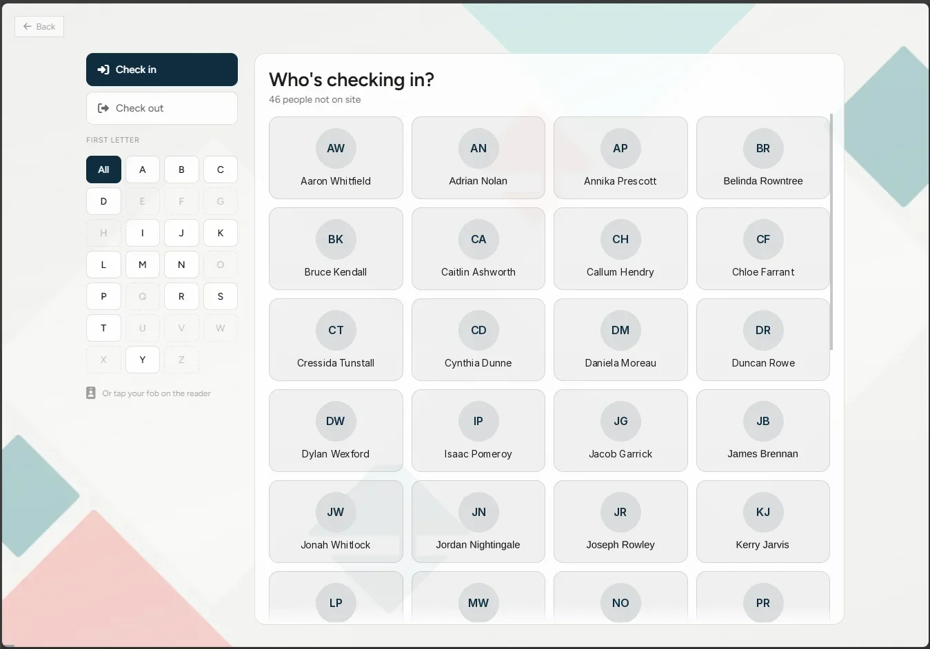 The staff picker, a grid of people with a first-letter filter and a prompt to tap a fob instead