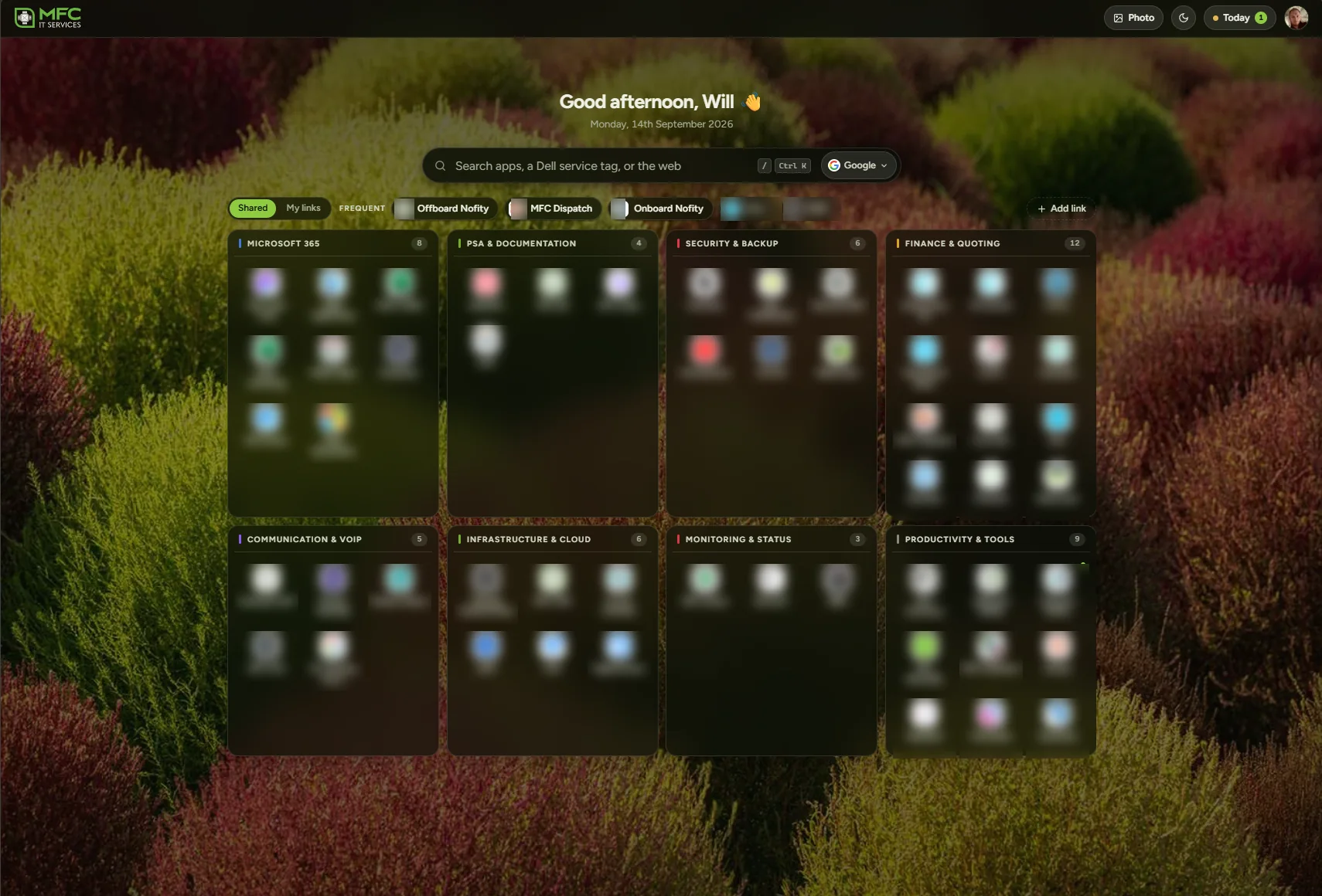 The engineers' dashboard, a grid of application shortcuts by category with a single search box, above the service status page listing MFC and third-party services