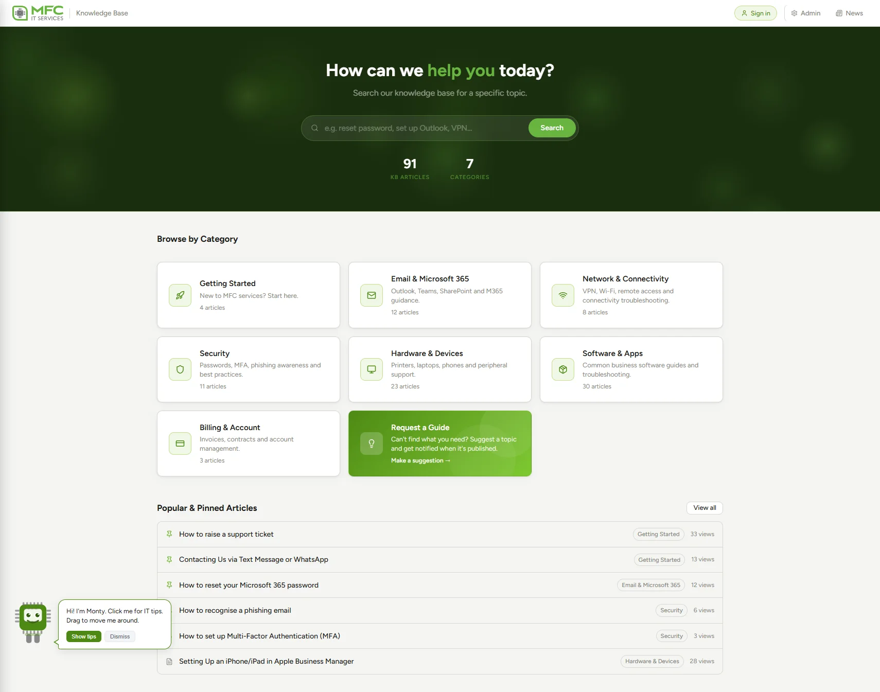 The client knowledge base: a search box, seven categories of article, and the most read guides